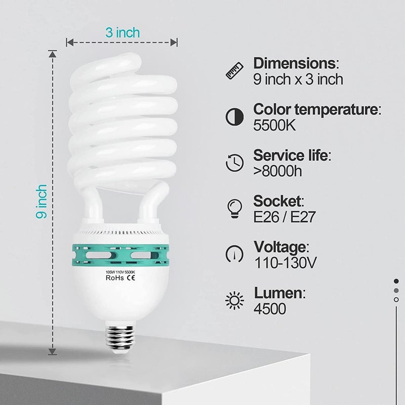 EMART Full Spectrum Light Bulb, 105W Spiral CFL 5500k Daylight for Softbox Lighting Kit, Replacement Lamp for Photography Photo Video Studio, Household Use, Portrait Shooting -4PACK - Image 2